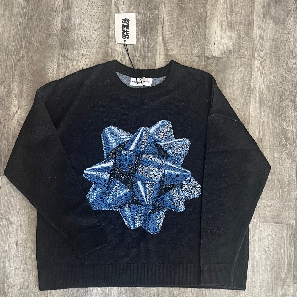 Costanca Entrudp Black and Blue glitter bow Sweater sz Large